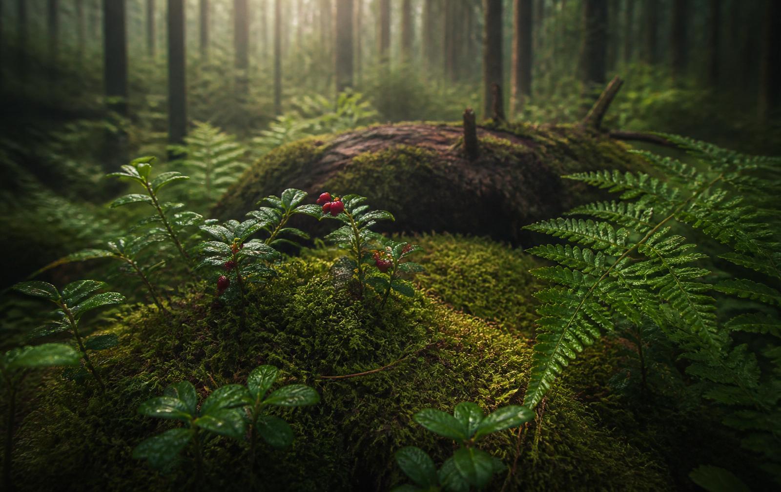 Swedish forest floor with moss, ferns and lingonberry plants