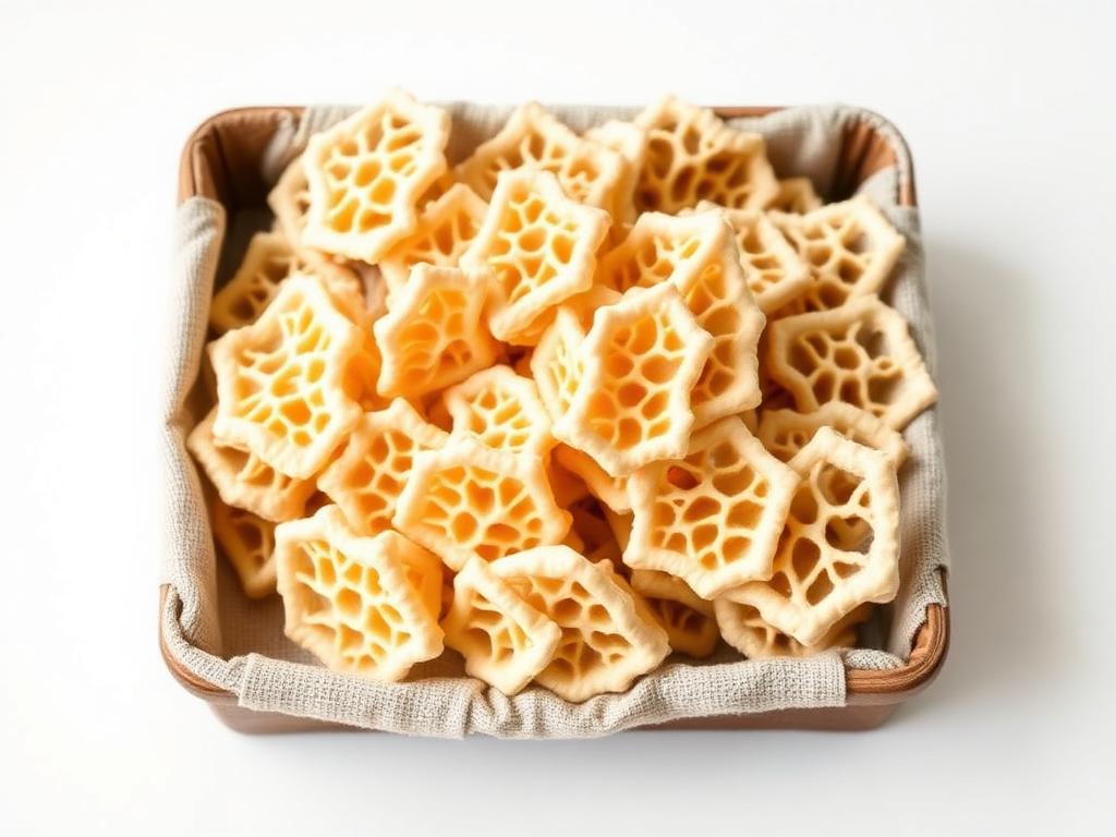 Dried bamboo pith (Dictyophora indusiata) with pale lattice structure in a linen-lined tray