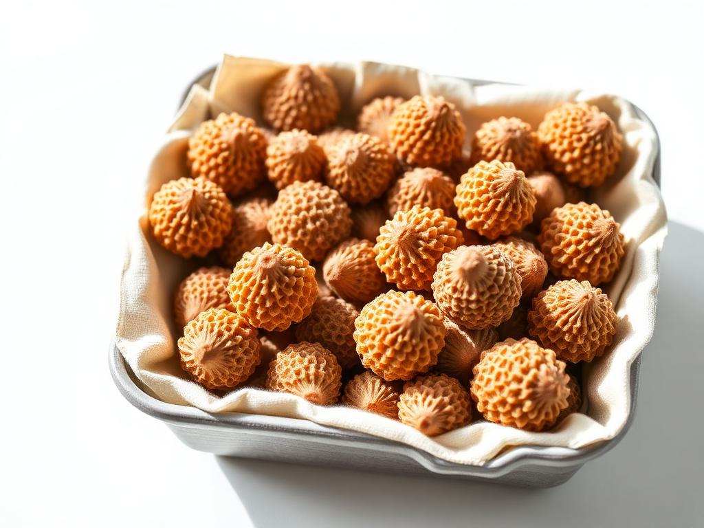Dried morel mushrooms (Morchella importuna) with honeycomb caps in a linen-lined tray
